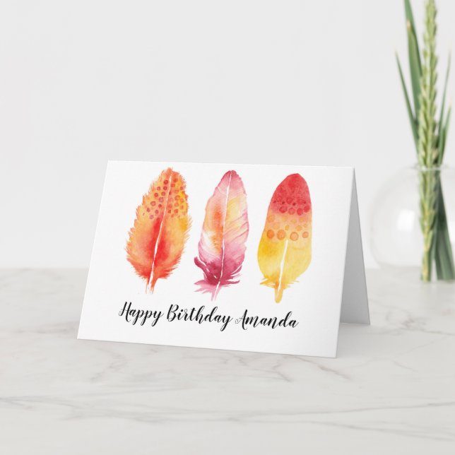 Watercolor Boho Feathers - Custom Birthday Card (Front)