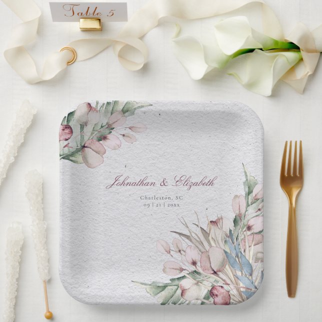 Watercolor Boho Floral and Botanical Wedding Paper Plate (Wedding)