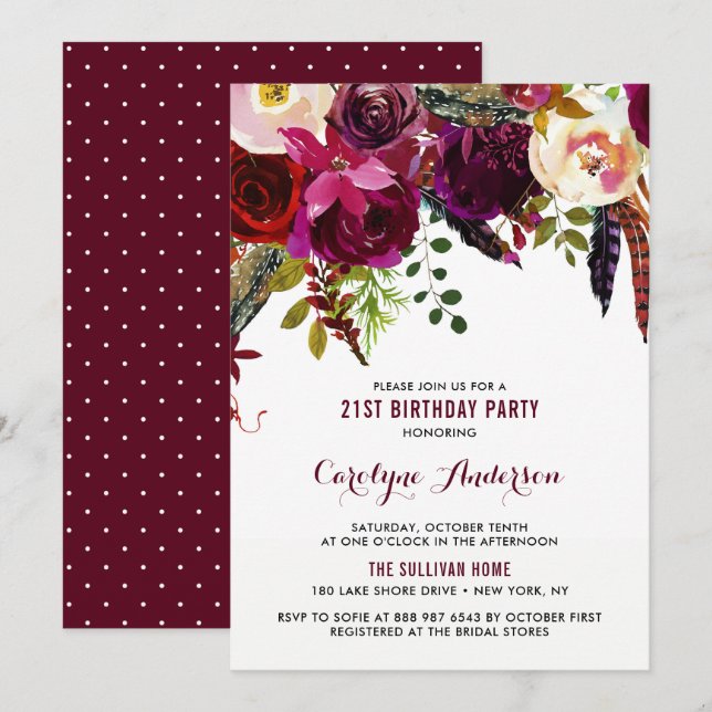 Watercolor Boho Floral Autumn Birthday Party Invitation (Front/Back)