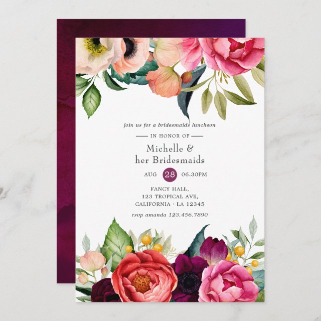 Watercolor Boho Floral Bridesmaids Luncheon Invitation (Front/Back)