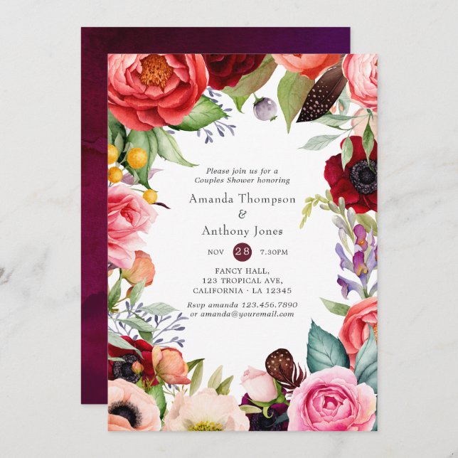 Watercolor Boho Floral Couples Shower Invitation (Front/Back)