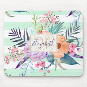 Watercolor Boho floral, leaves, stripes hand paint Mouse Pad