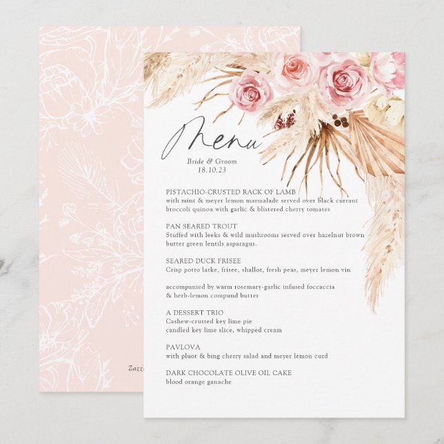 Watercolor Boho Floral Pampas Gras Wedding  Menu (Front/Back)