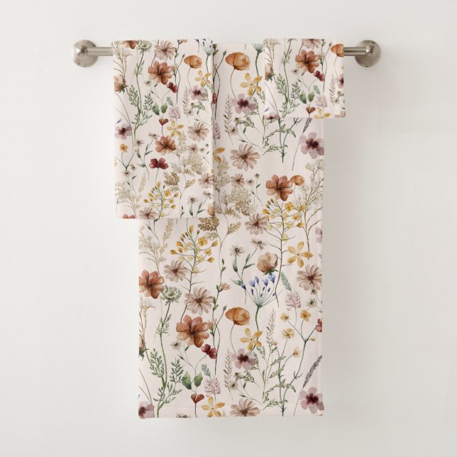 Watercolor Boho Floral Pattern Bath Towel Set (Insitu)