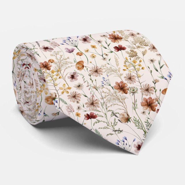 Watercolor Boho Floral Pattern Tie (Rolled)