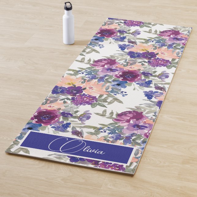 Watercolor Boho Floral Purple Script  Yoga Mat (In Situ)