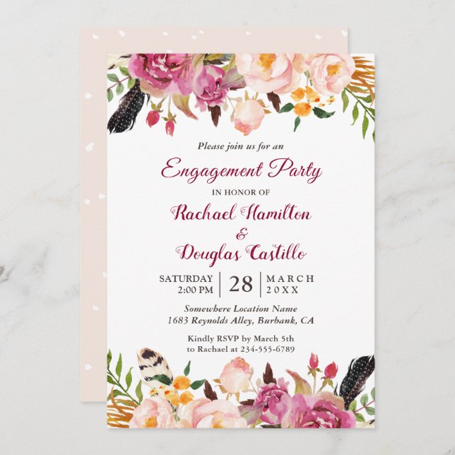 Watercolor Boho Floral Spring Engagement Party Invitation (Front/Back)