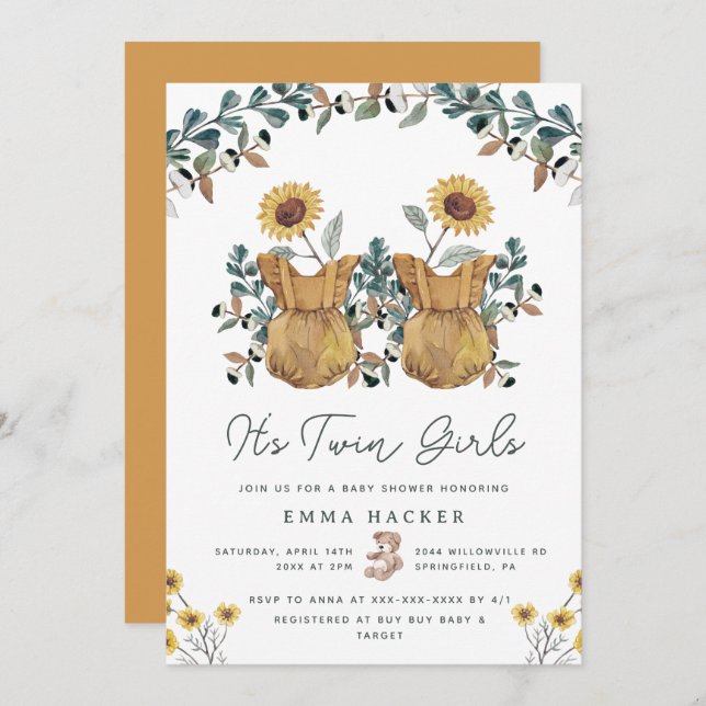 Watercolor Boho Floral Twins Shower Invitation (Front/Back)