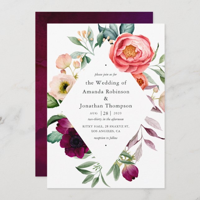 Watercolor Boho Floral Wedding Invitation (Front/Back)