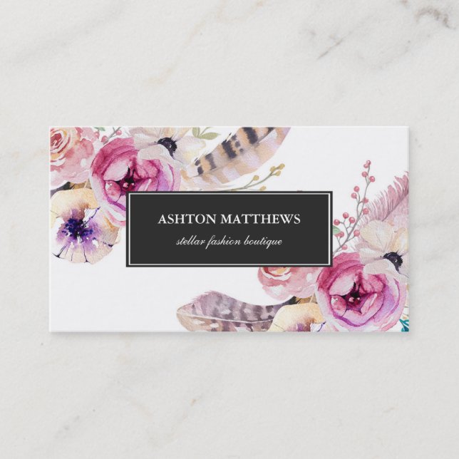 Watercolor Boho Flowers and Feathers Professional Business Card (Front)