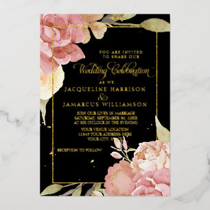 Watercolor Boho Flowers Black n Pink Wedding Gold