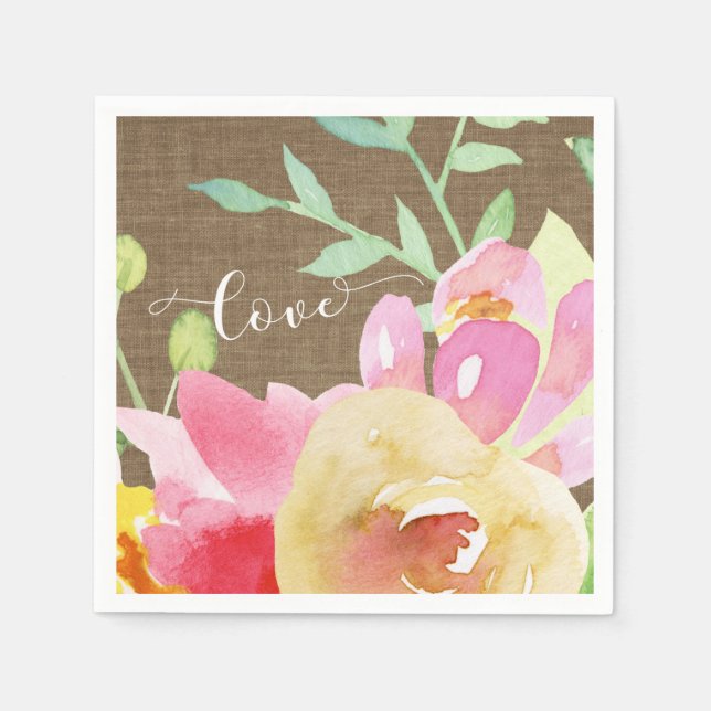 Watercolor Boho Flowers & Burlap Love Typography Napkin (Front)