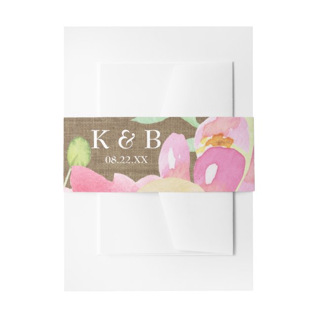 Watercolor Boho Flowers & Burlap Monogram Date Invitation Belly Band (Front Example)