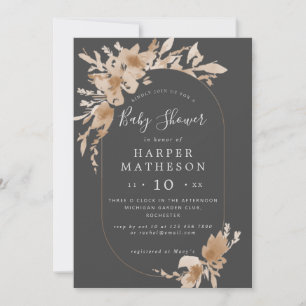 Watercolor boho flowers grey oblong baby shower in invitation