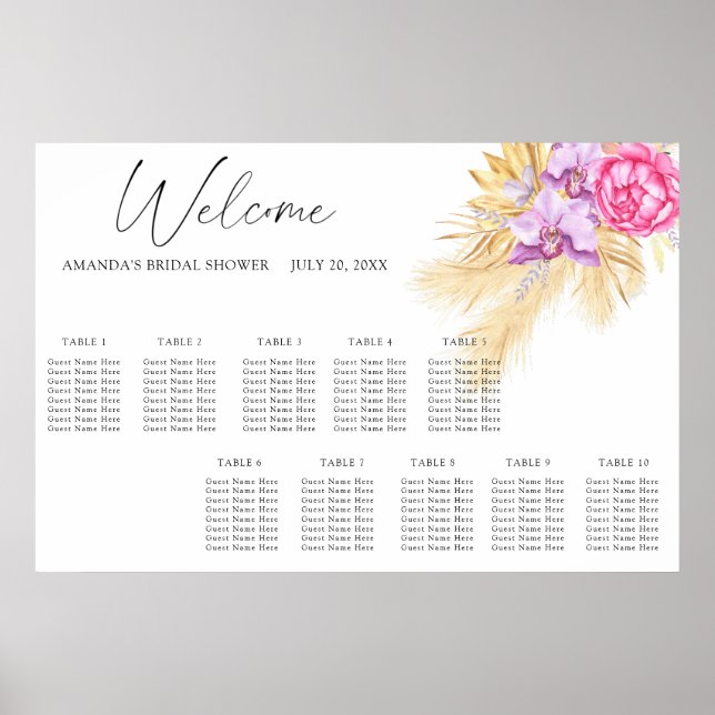 Watercolor boho flowers wedding seating chart (Front)