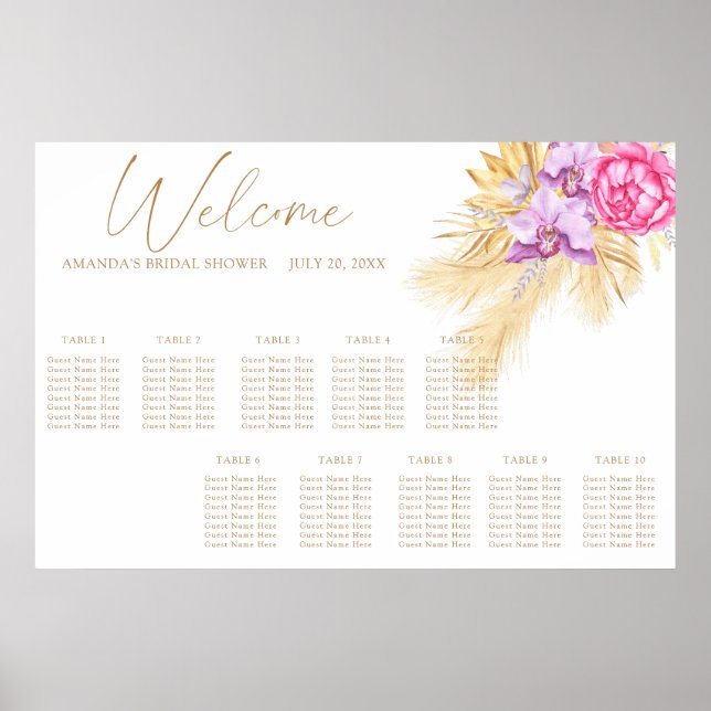 Watercolor boho flowers wedding seating chart (Front)