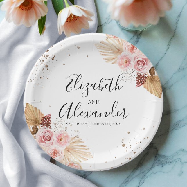 Watercolor Boho Glitter Wedding Paper Plates (Creator Uploaded)