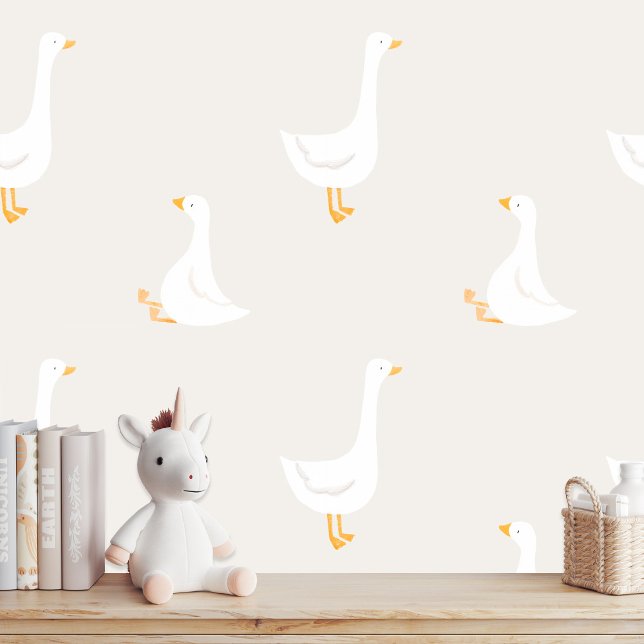 Watercolor Boho Goose Duck White Beige Nursery Wallpaper (Creator Uploaded)