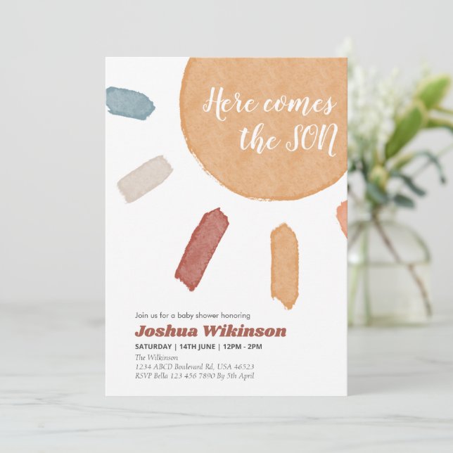 Watercolor boho Here comes the Son baby shower  Invitation (Standing Front)