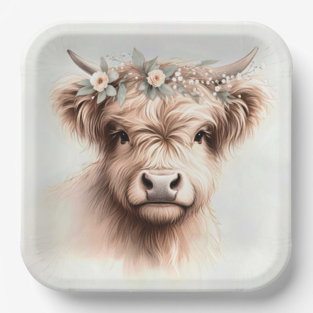Watercolor Boho Highland Cow With Bridal Headpiece Paper Plate (Front)