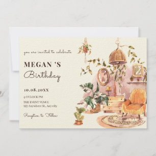 Watercolor boho house interior plants birthday invitation