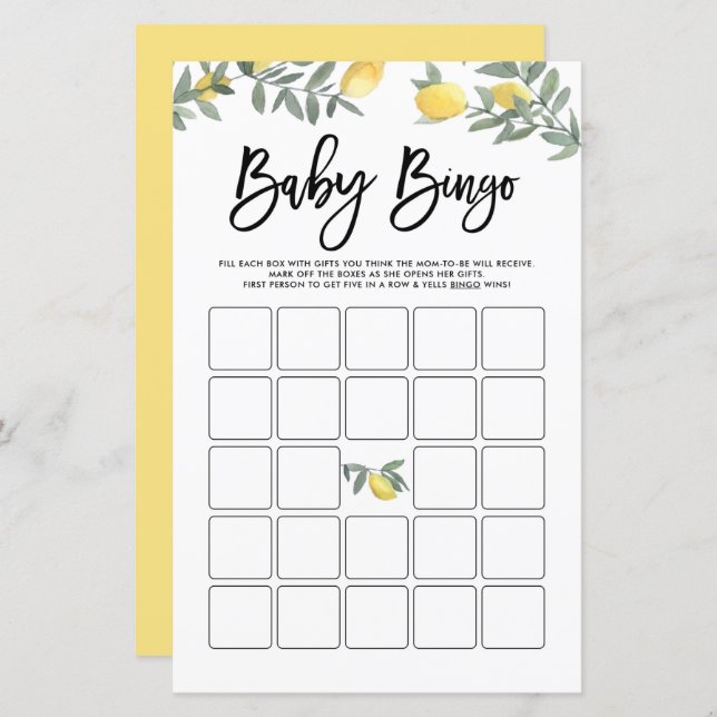Watercolor Boho Lemons Baby Shower Bingo Game (Front/Back)