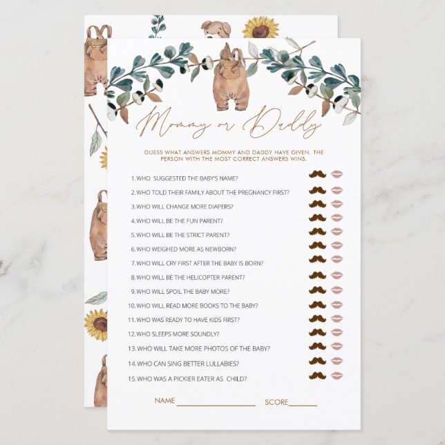 Watercolor Boho Mummy or Daddy Baby Shower Game (Front/Back)