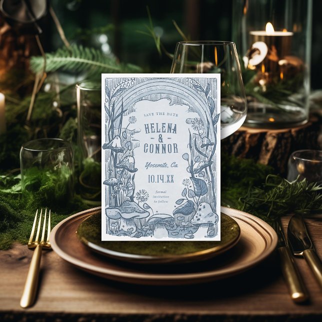 Watercolor Boho Mushrooms Retro Blue Save The Date (Creator Uploaded)