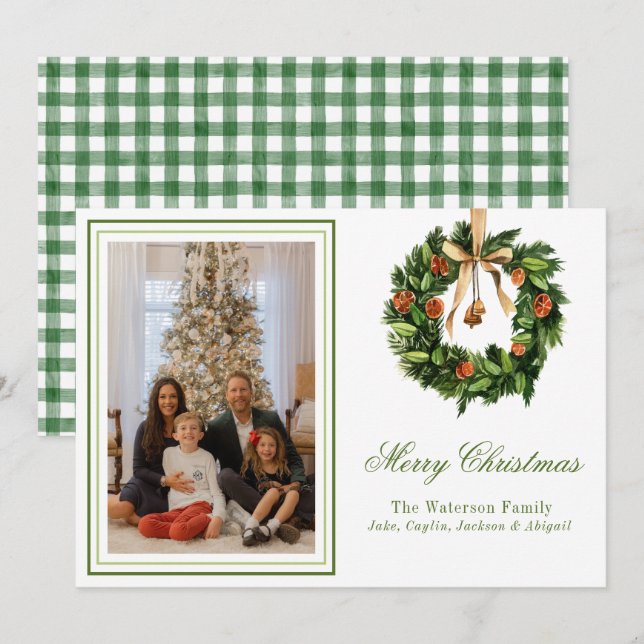 Watercolor Boho OrangeSlice Wreath Christmas Photo Holiday Card (Front/Back)