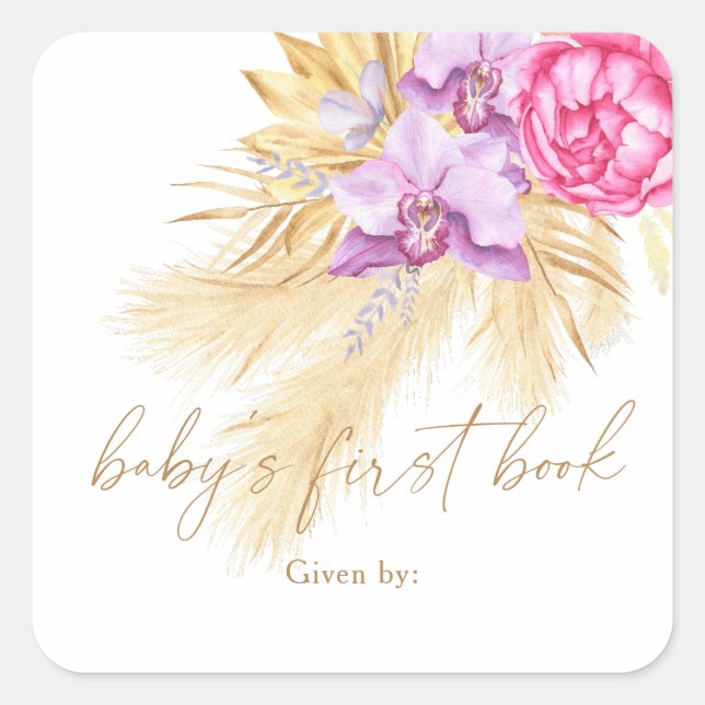 Watercolor boho pampas grass - Baby's first book Square Sticker (Front)