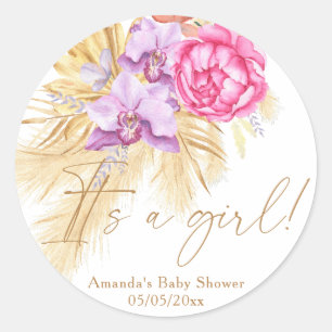 Watercolor boho pampas grass - It's a girl! Classic Round Sticker