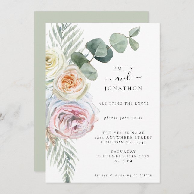 Watercolor Boho Pastel Florals Eucalyptus Wedding Invitation (Front/Back)