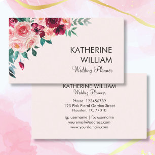 Watercolor Boho Pink Burgundy Rose Floral Business Card
