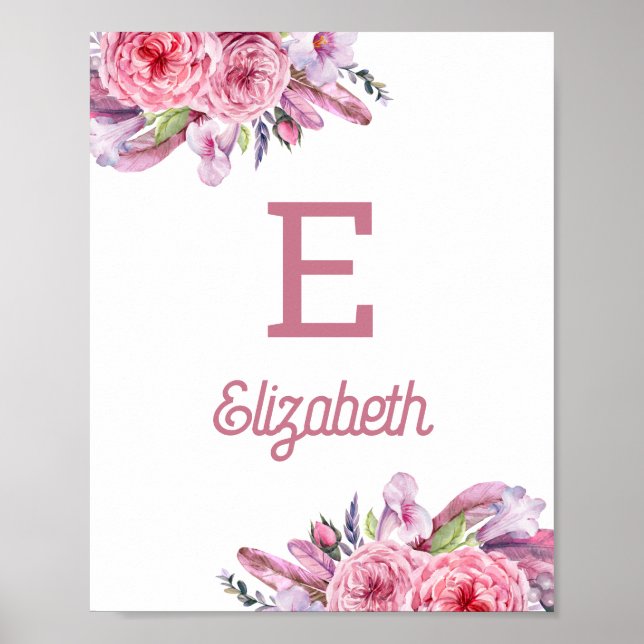 Watercolor boho pink  floral nursery baby kids poster (Front)