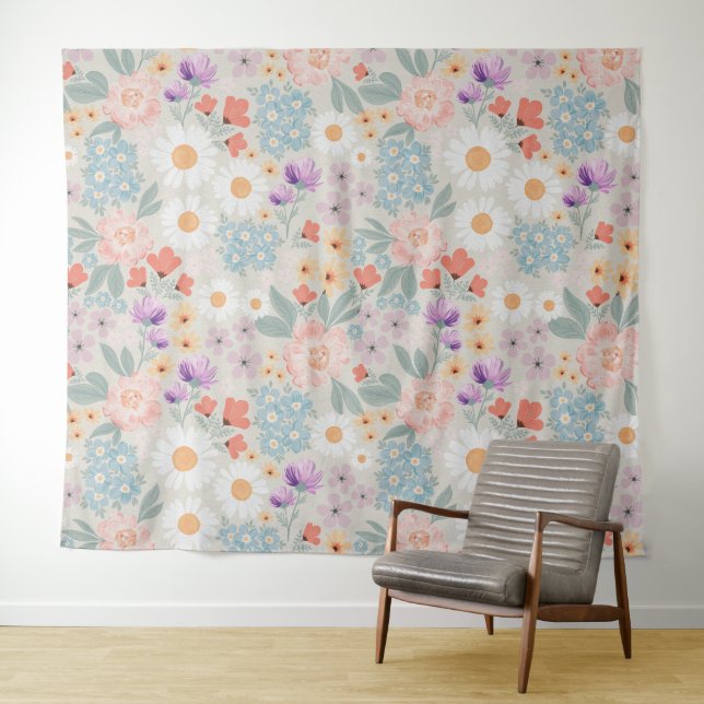 Watercolor Boho Pink Floral Tapestry (In Situ (Horizontal))