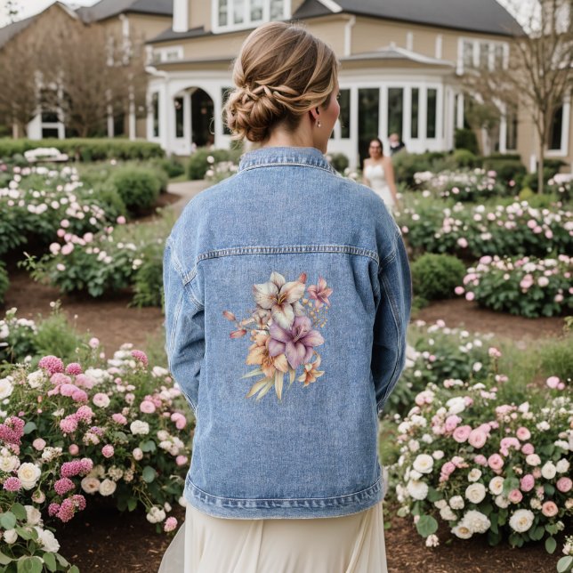 Watercolor Boho Pink Flowers Elegant Denim Jacket (Wedding Back)