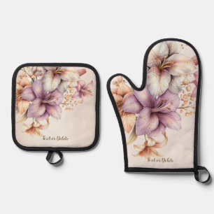 Watercolor Boho Pink Flowers Elegant Stylish Oven Mitt & Pot Holder Set