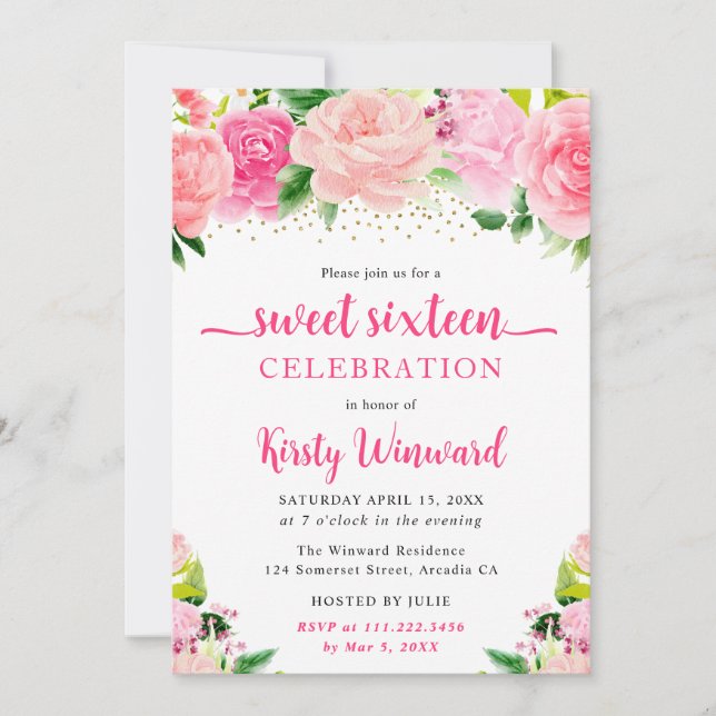 Watercolor Boho Pink Summer Flowers Sweet Sixteen Invitation (Front)