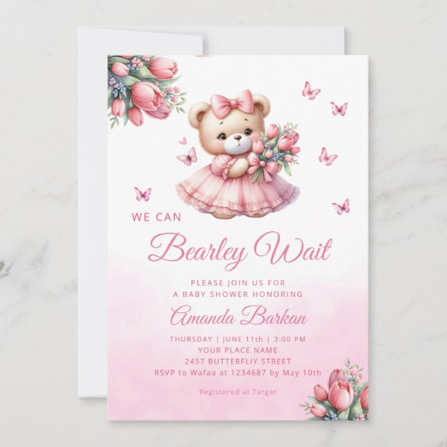 Watercolor Boho Pink Teddy Bear Girl Baby Shower  Invitation (Front)