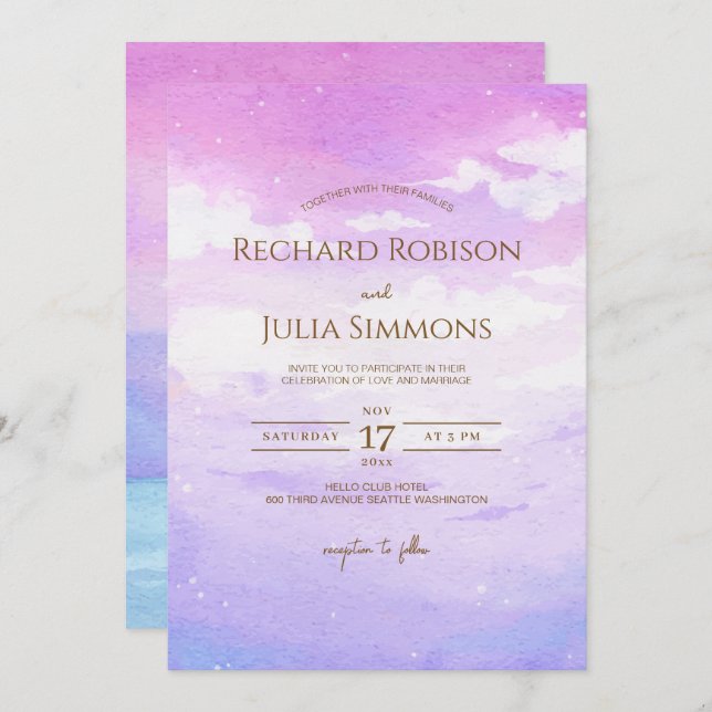 Watercolor Boho Purple Pink Sky Wedding Invitation (Front/Back)