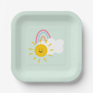 Watercolor Boho Rainbow and Sun  Paper Plate
