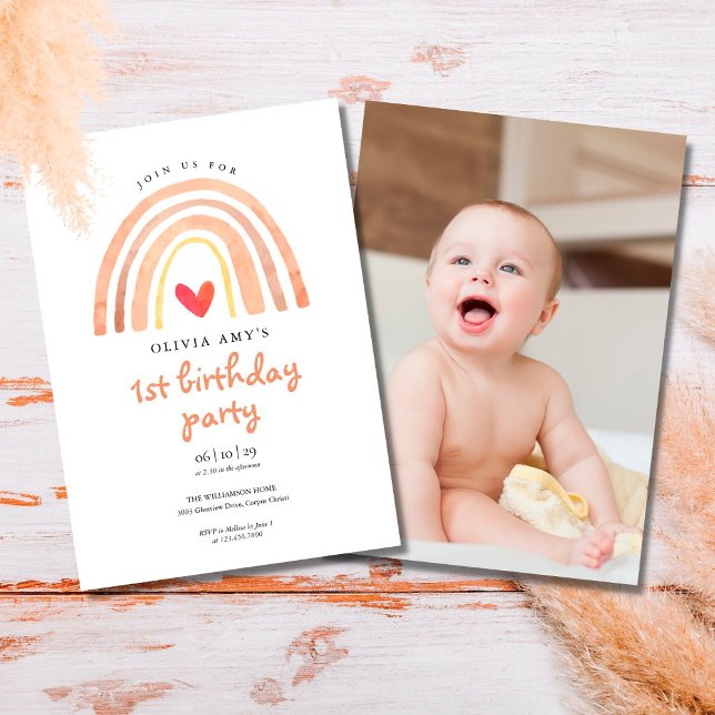 Watercolor Boho Rainbow Heart Photo Birthday Invitation (Creator Uploaded)