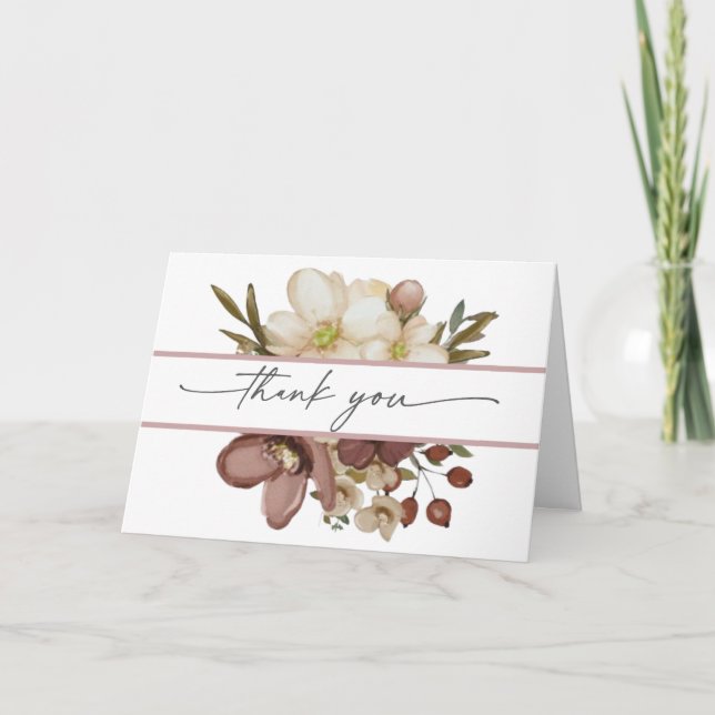 Watercolor Boho Rose & Neutral Thank You Card (Front)