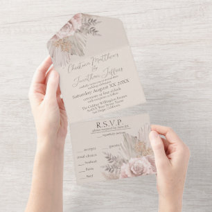 Watercolor Boho Roses and Pampas Grass on Beige All In One Invitation