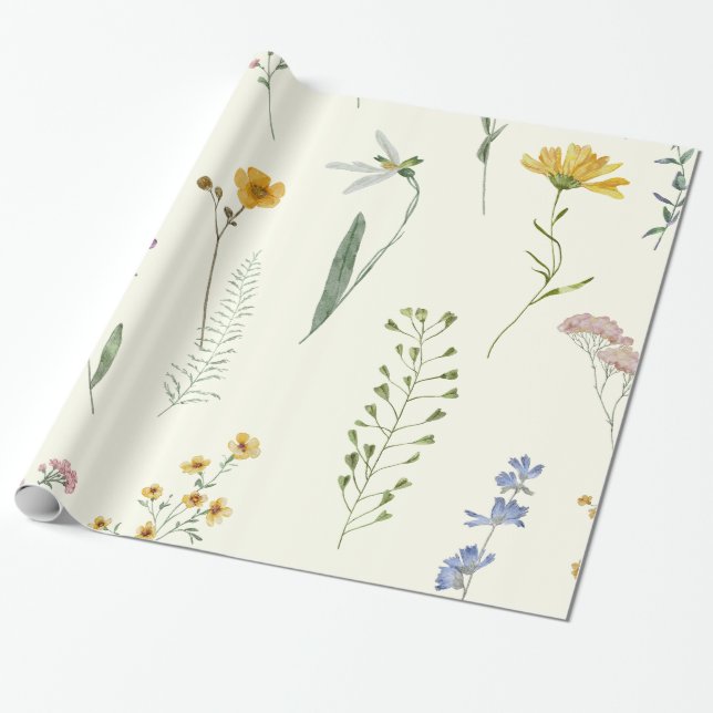 Watercolor Boho Rustic Wildflower Wrapping Paper (Unrolled)