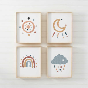 Watercolor boho sun and moon set of 4 poster