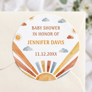 Watercolor Boho Sunburst Boy Baby Shower Classic Round Sticker