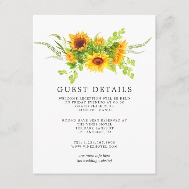 Watercolor Boho Sunflowers Wedding Guest Details Enclosure Card (Front)