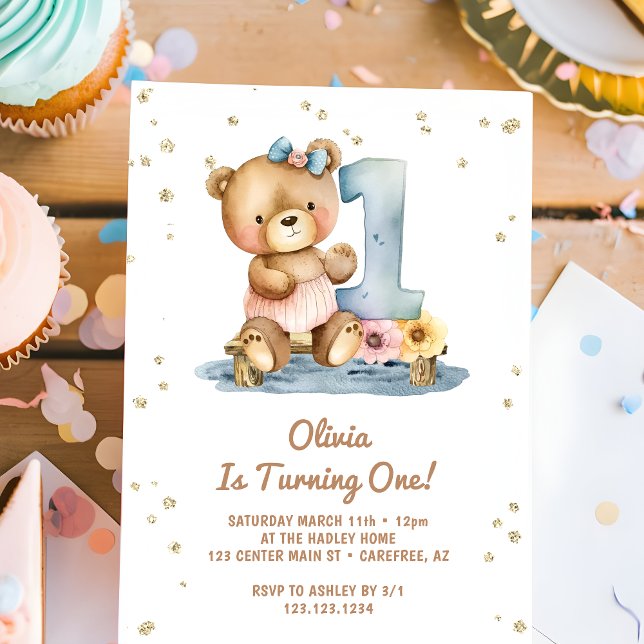 Watercolor Boho Teddy Bear 1st Birthday Invitation (Creator Uploaded)