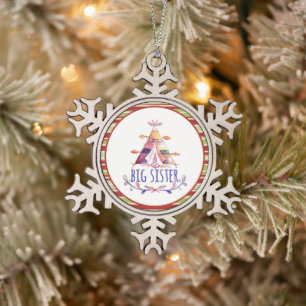 Watercolor Boho Teepee Big Sister Christmas Snowflake Pewter Christmas Ornament